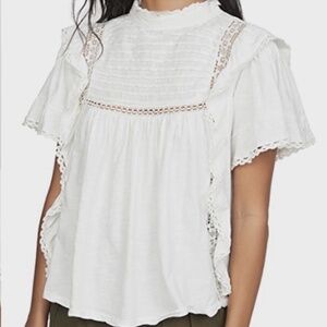 Free People le Femme s/s Ruffled High Neck Blouse Ivory -Boho-Cotton Sz.Med VGUC